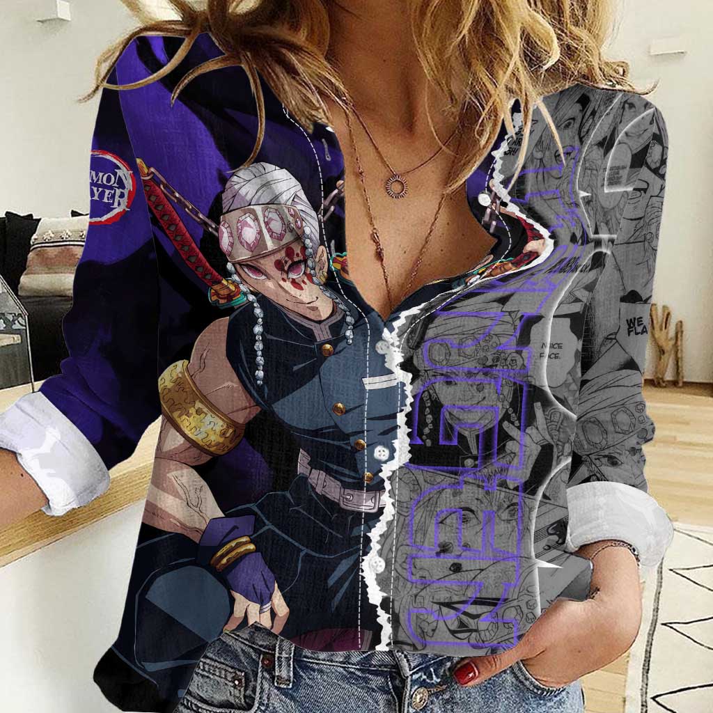 Tengen Uzui Demon Slayer Women Casual Shirt with Flashy Ninja Outfit and Explosive Sound Effects Design - The Mazicc