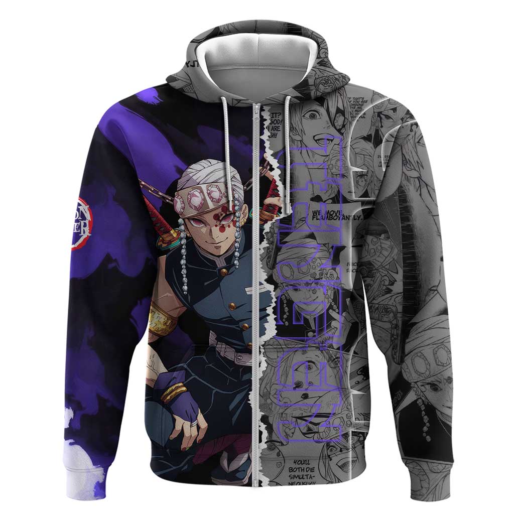 Tengen Uzui Demon Slayer Zip Hoodie with Flashy Ninja Outfit and Explosive Sound Effects Design - The Mazicc