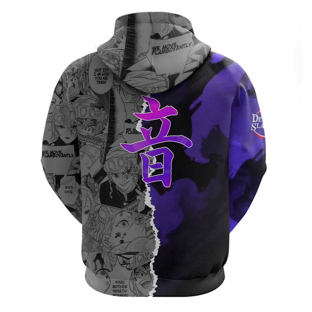 Tengen Uzui Demon Slayer Zip Hoodie with Flashy Ninja Outfit and Explosive Sound Effects Design - The Mazicc