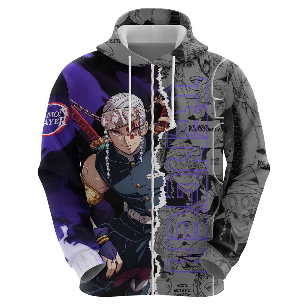 Tengen Uzui Demon Slayer Zip Hoodie with Flashy Ninja Outfit and Explosive Sound Effects Design - The Mazicc