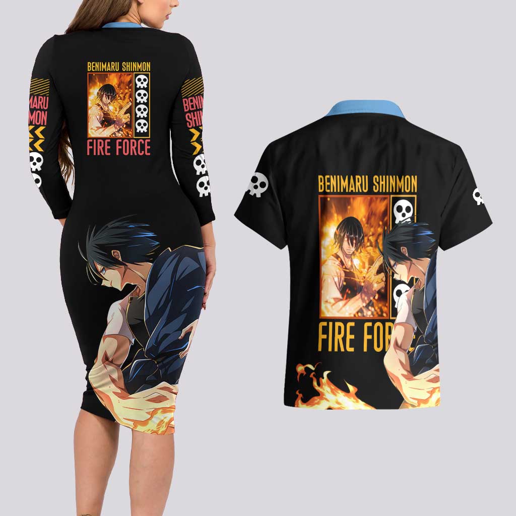 Benimaru Shinmon Fire Force Couples Matching Long Sleeve Bodycon Dress and Hawaiian Shirt Anime Style