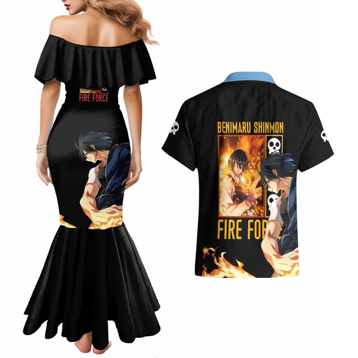 Benimaru Shinmon Fire Force Couples Matching Mermaid Dress and Hawaiian Shirt Anime Style