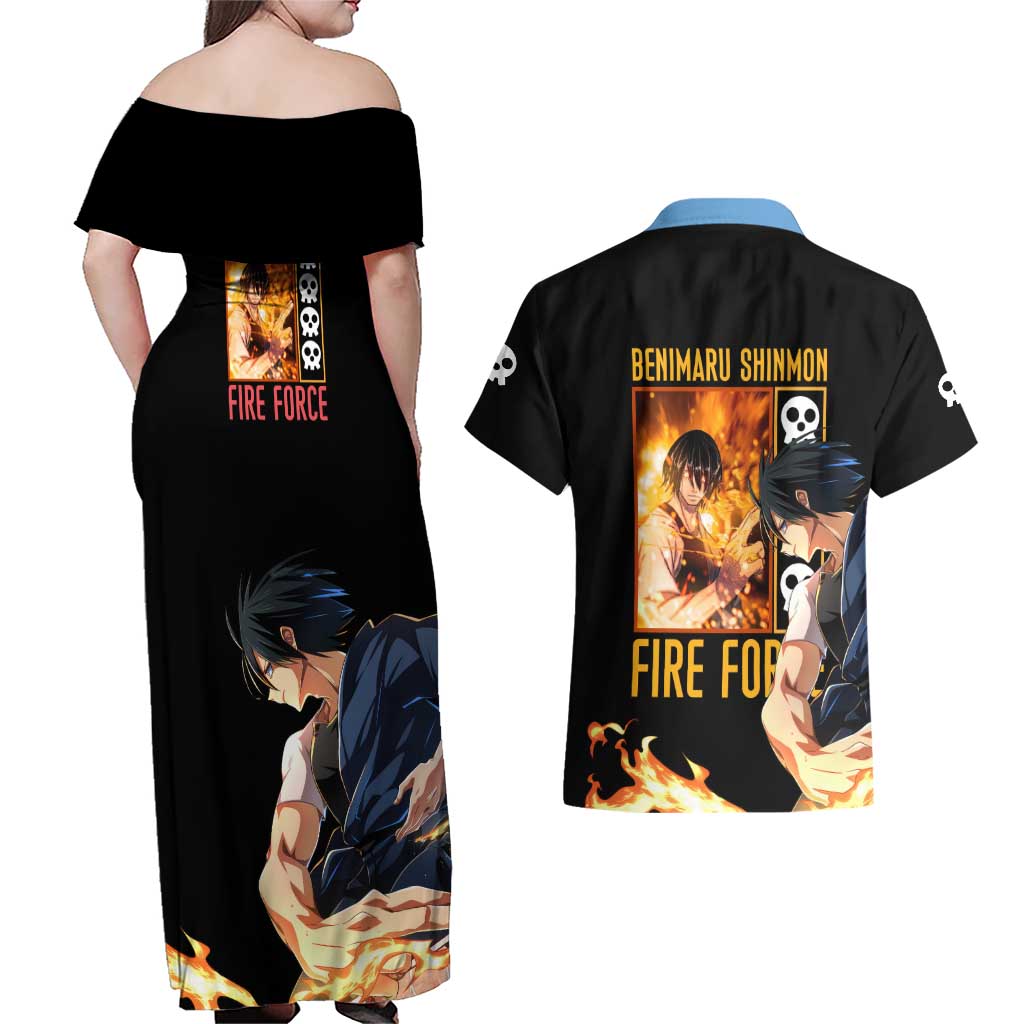Benimaru Shinmon Fire Force Couples Matching Off Shoulder Maxi Dress and Hawaiian Shirt Anime Style