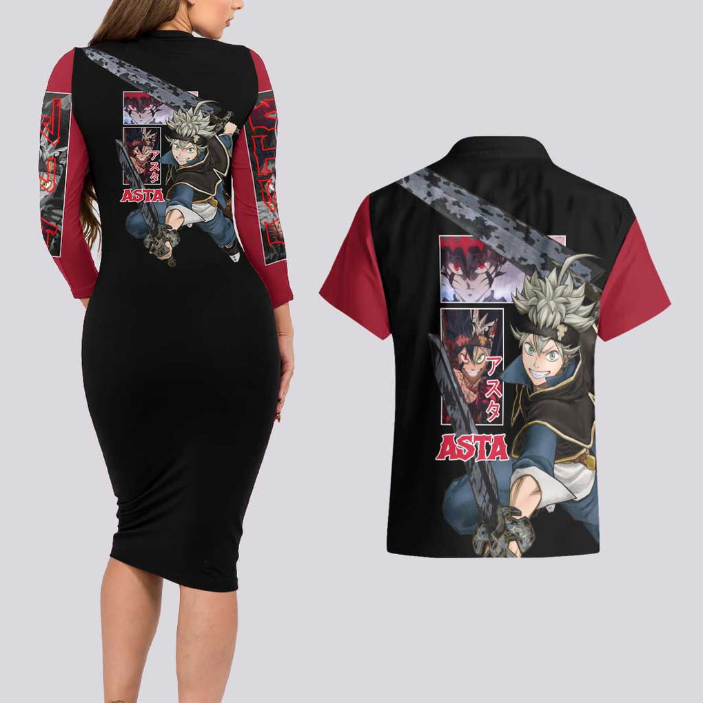 Asta - Black Clover Couples Matching Long Sleeve Bodycon Dress and Hawaiian Shirt Japan Anime Style