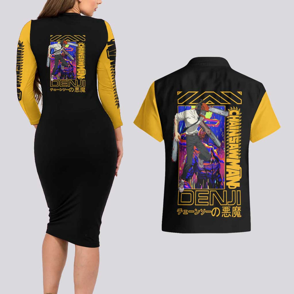 Denji -  Chainsaw Man Couples Matching Long Sleeve Bodycon Dress and Hawaiian Shirt Japan Anime Style
