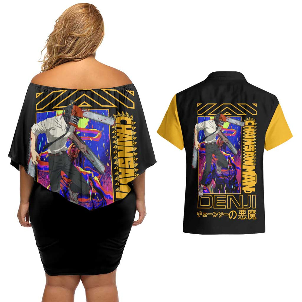 Denji -  Chainsaw Man Couples Matching Off Shoulder Short Dress and Hawaiian Shirt Japan Anime Style