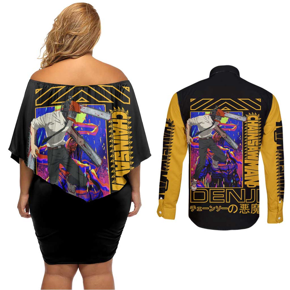 Denji -  Chainsaw Man Couples Matching Off Shoulder Short Dress and Long Sleeve Button Shirt Japan Anime Style