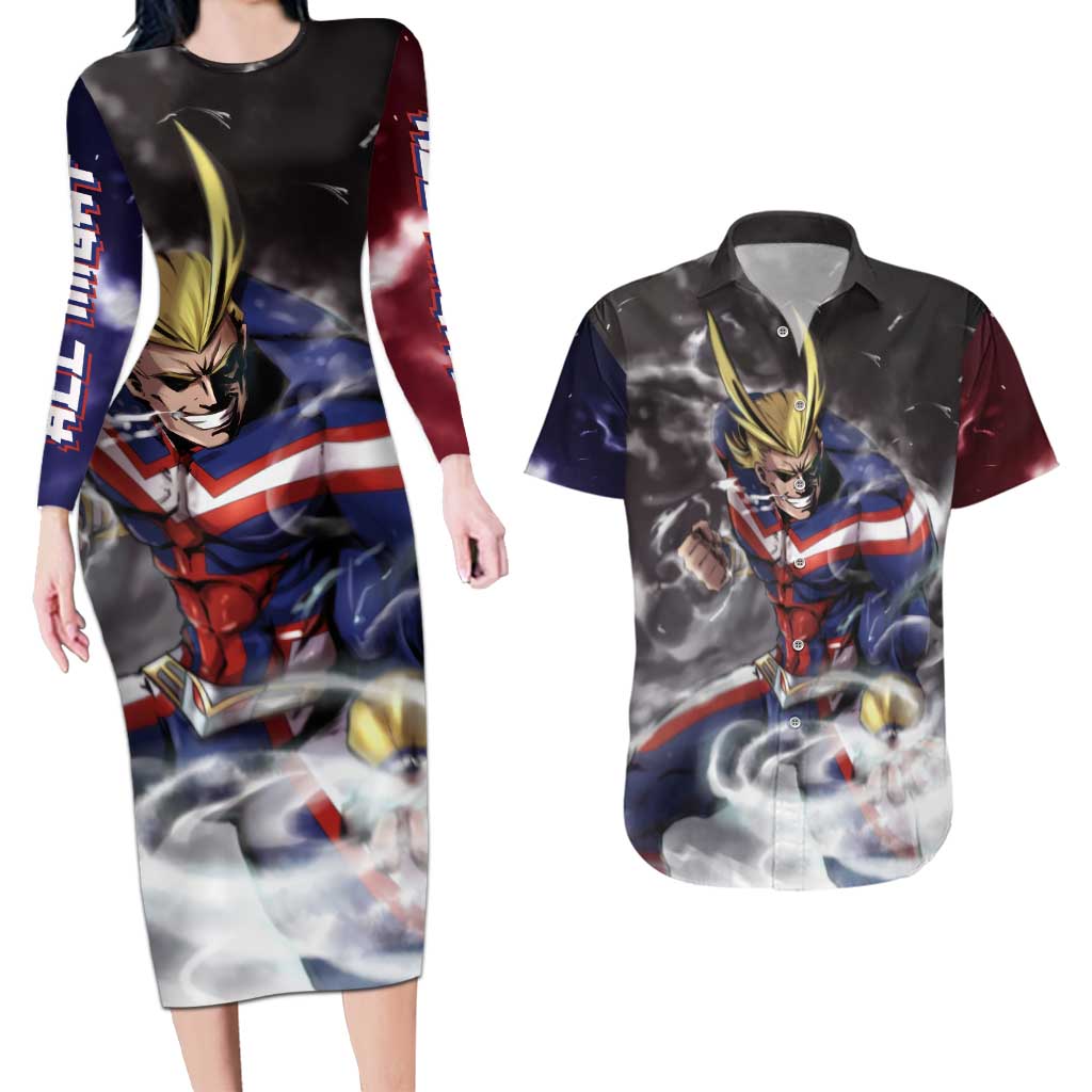 Trippy All Might My Hero Academia Couples Matching Long Sleeve Bodycon Dress and Hawaiian Shirt Anime Mid Trippy Style