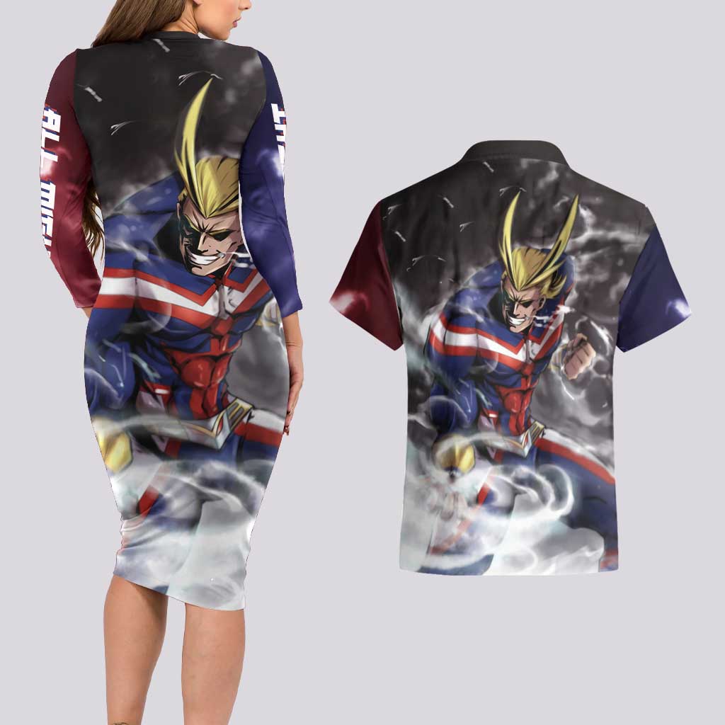 Trippy All Might My Hero Academia Couples Matching Long Sleeve Bodycon Dress and Hawaiian Shirt Anime Mid Trippy Style