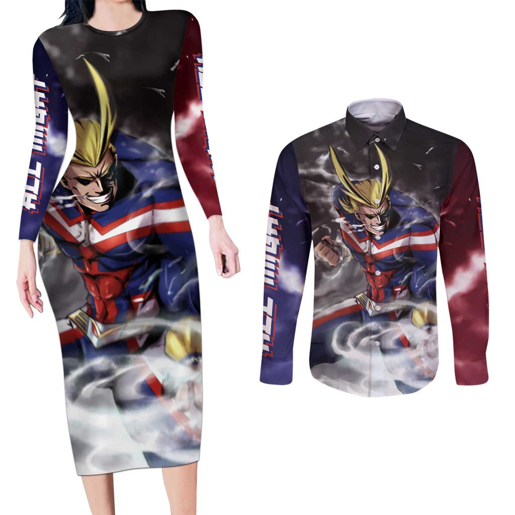 Trippy All Might My Hero Academia Couples Matching Long Sleeve Bodycon Dress and Long Sleeve Button Shirt Anime Mid Trippy Style