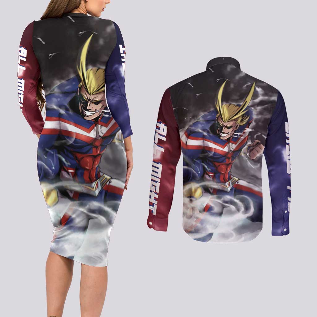 Trippy All Might My Hero Academia Couples Matching Long Sleeve Bodycon Dress and Long Sleeve Button Shirt Anime Mid Trippy Style