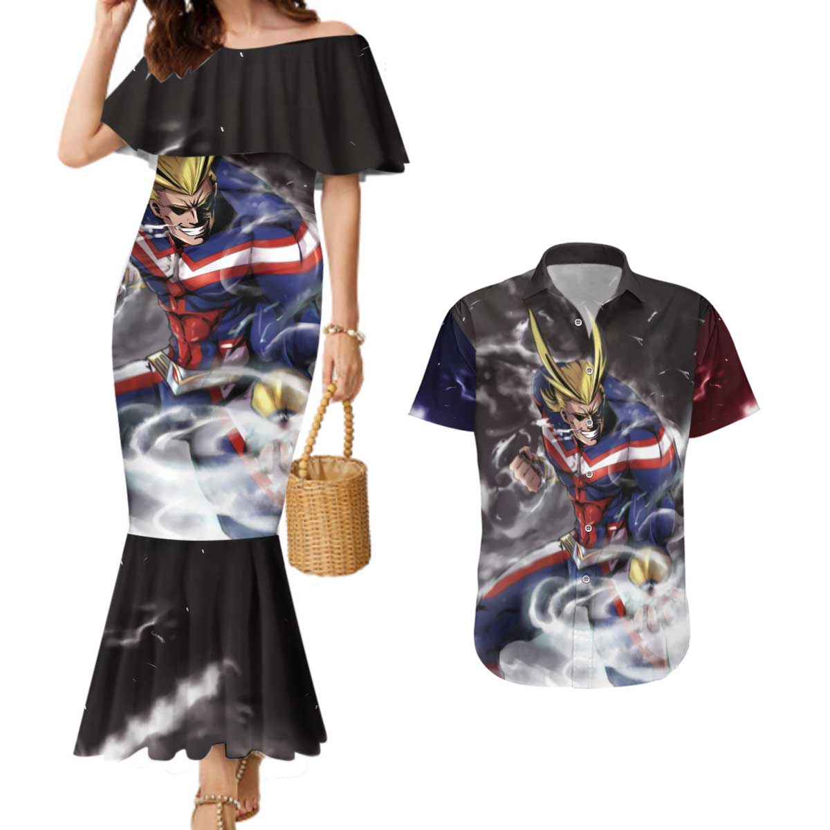 Trippy All Might My Hero Academia Couples Matching Mermaid Dress and Hawaiian Shirt Anime Mid Trippy Style