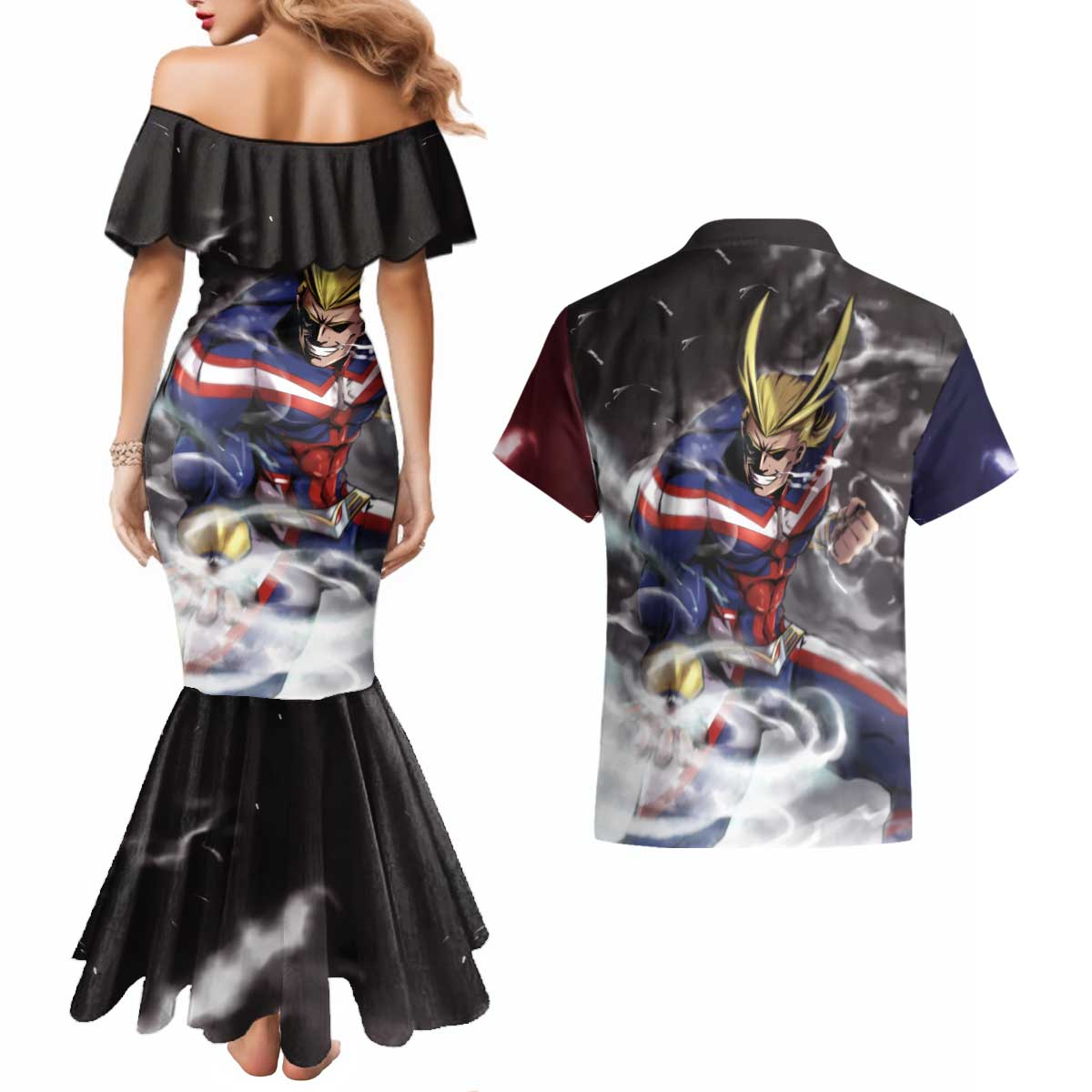 Trippy All Might My Hero Academia Couples Matching Mermaid Dress and Hawaiian Shirt Anime Mid Trippy Style