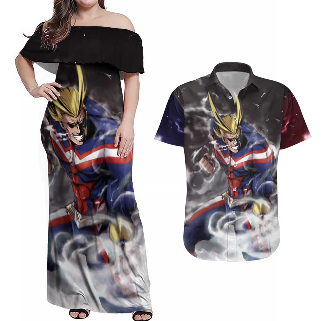Trippy All Might My Hero Academia Couples Matching Off Shoulder Maxi Dress and Hawaiian Shirt Anime Mid Trippy Style