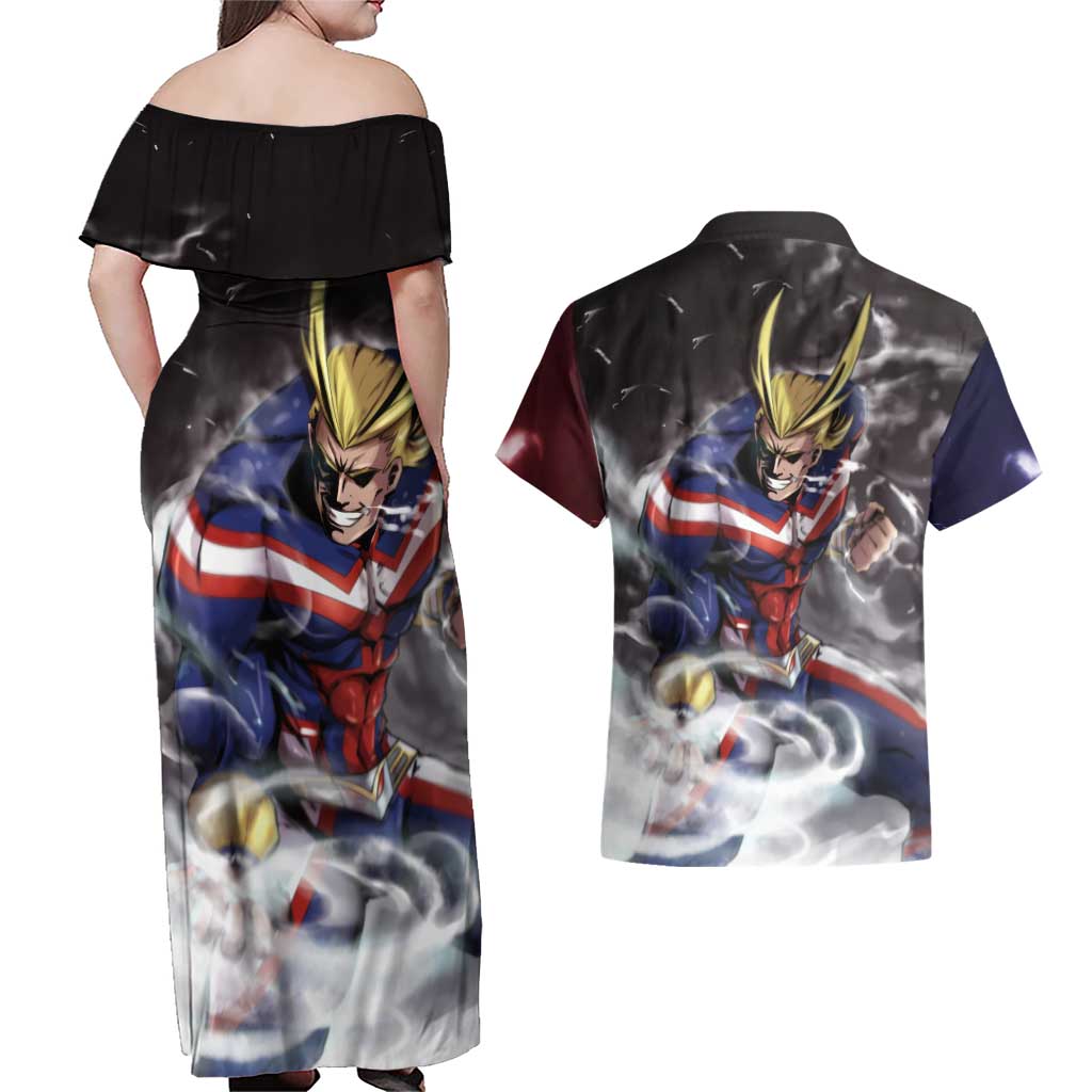 Trippy All Might My Hero Academia Couples Matching Off Shoulder Maxi Dress and Hawaiian Shirt Anime Mid Trippy Style