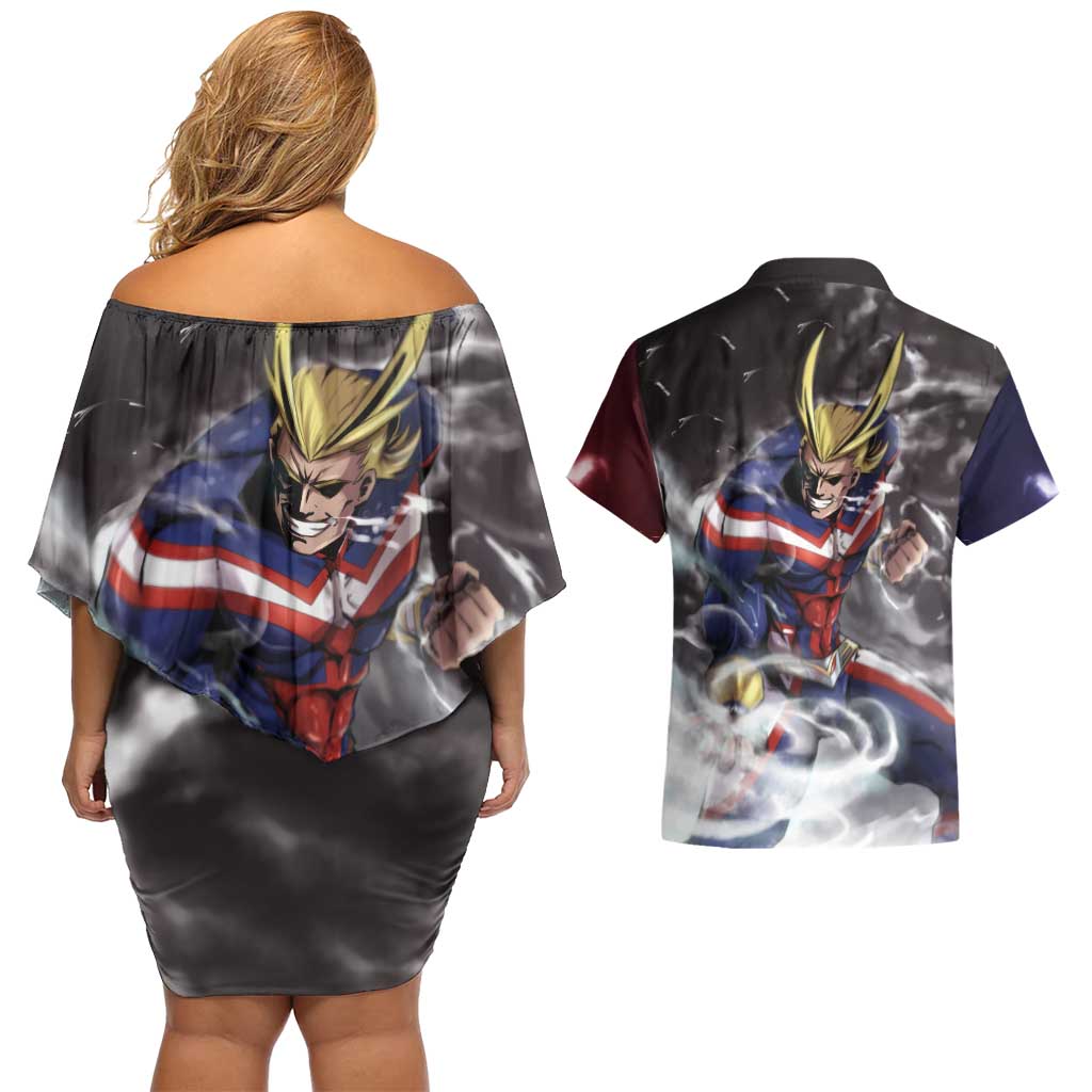 Trippy All Might My Hero Academia Couples Matching Off Shoulder Short Dress and Hawaiian Shirt Anime Mid Trippy Style