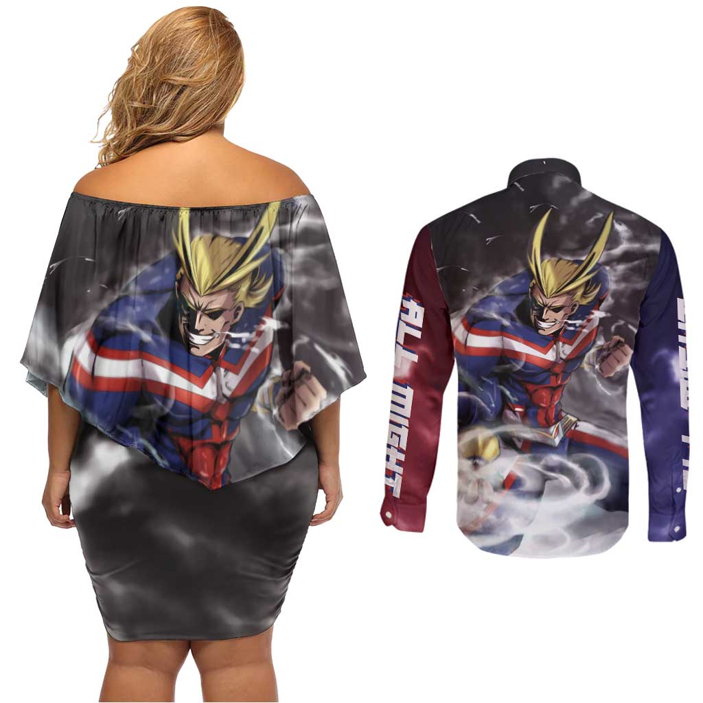 Trippy All Might My Hero Academia Couples Matching Off Shoulder Short Dress and Long Sleeve Button Shirt Anime Mid Trippy Style