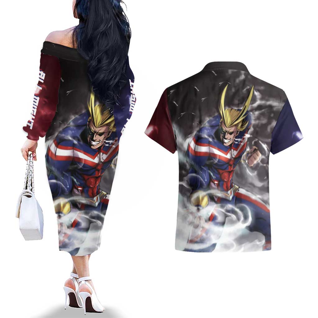 Trippy All Might My Hero Academia Couples Matching Off The Shoulder Long Sleeve Dress and Hawaiian Shirt Anime Mid Trippy Style
