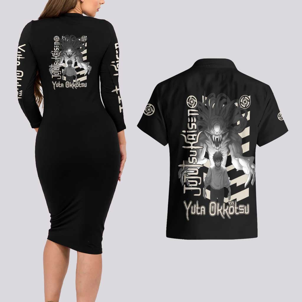 Yuta Okkotsu Jujutsu Kaisen Couples Matching Long Sleeve Bodycon Dress and Hawaiian Shirt Anime Style