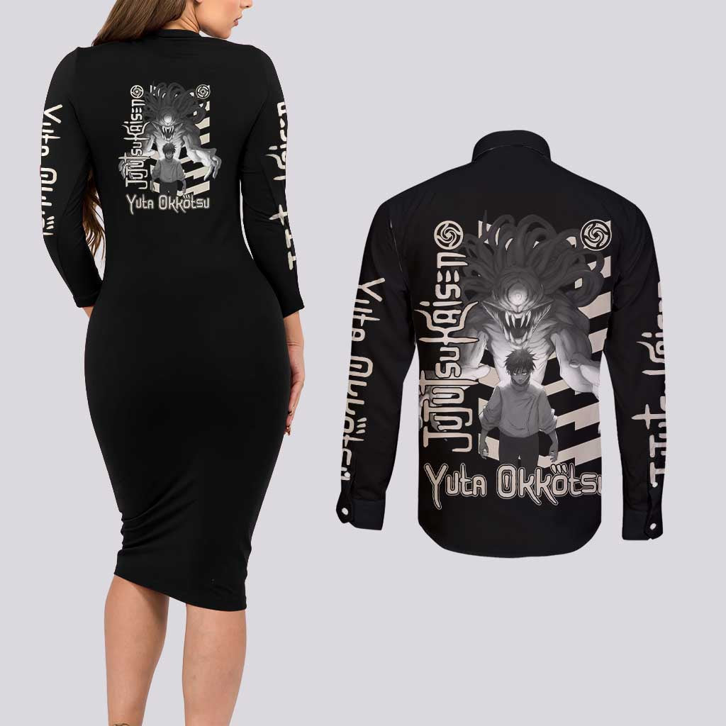 Yuta Okkotsu Jujutsu Kaisen Couples Matching Long Sleeve Bodycon Dress and Long Sleeve Button Shirt Anime Style