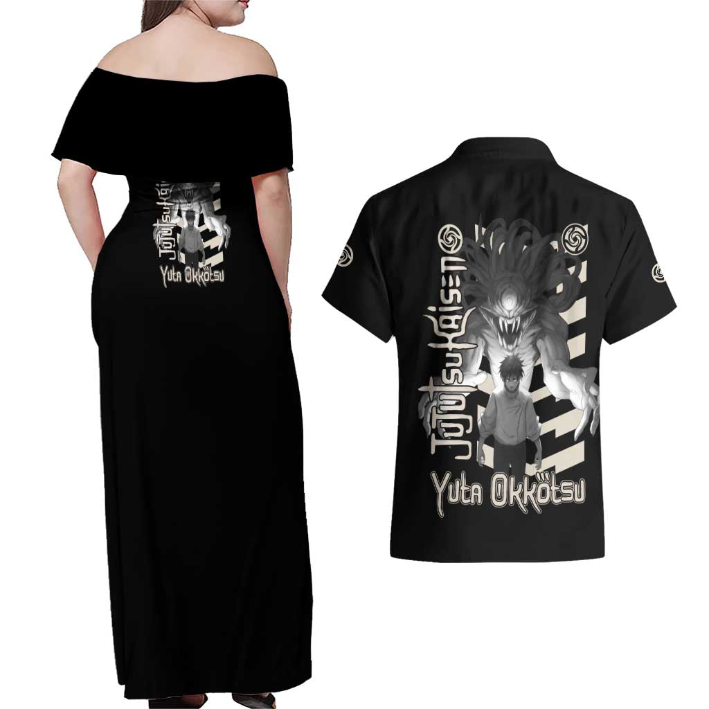 Yuta Okkotsu Jujutsu Kaisen Couples Matching Off Shoulder Maxi Dress and Hawaiian Shirt Anime Style