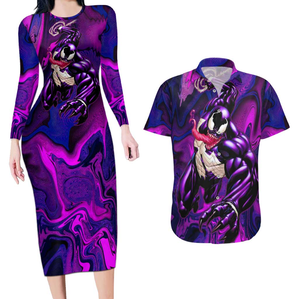 Trippy Venom Couples Matching Long Sleeve Bodycon Dress and Hawaiian Shirt Comic Mix Galaxy Trippy Style