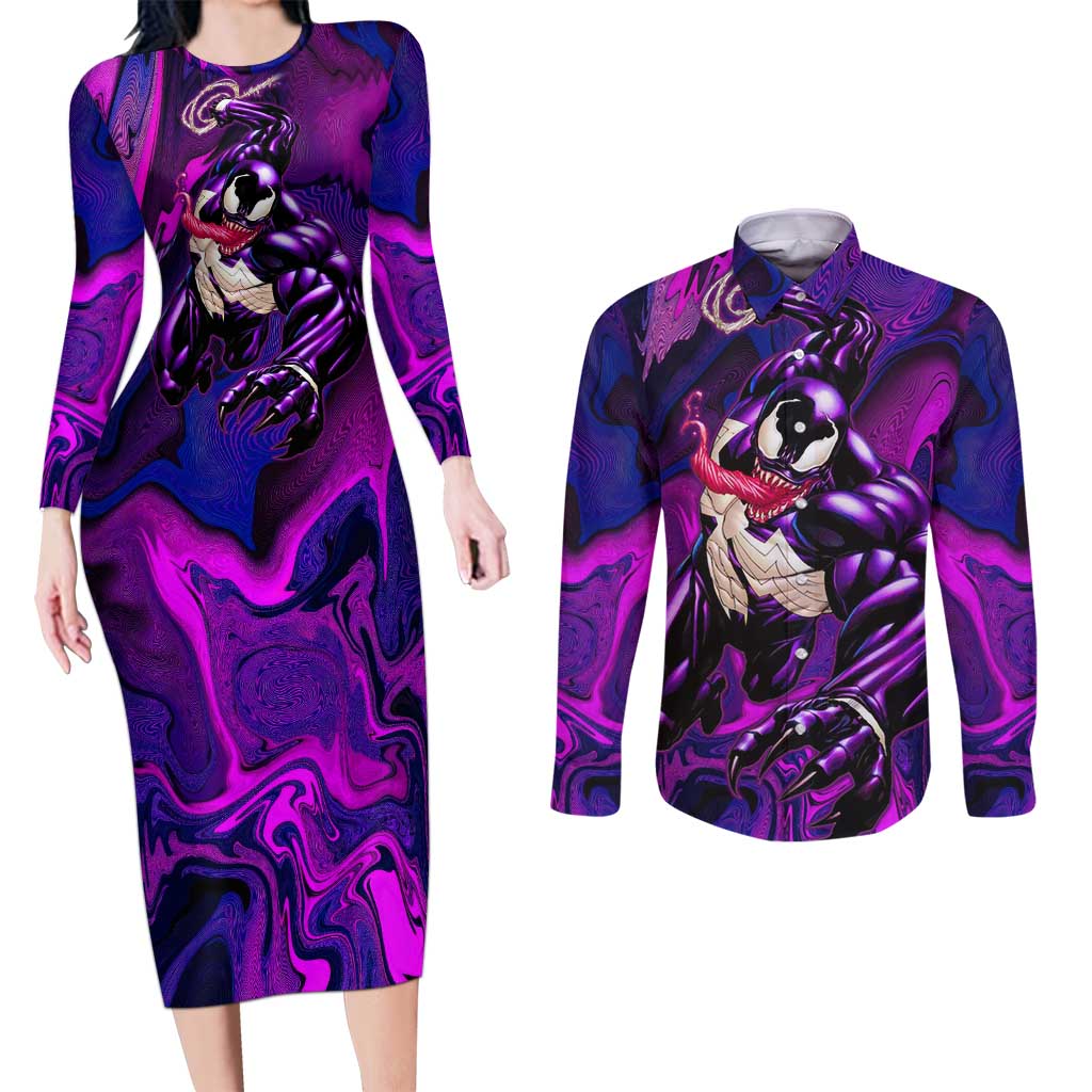Trippy Venom Couples Matching Long Sleeve Bodycon Dress and Long Sleeve Button Shirt Comic Mix Galaxy Trippy Style