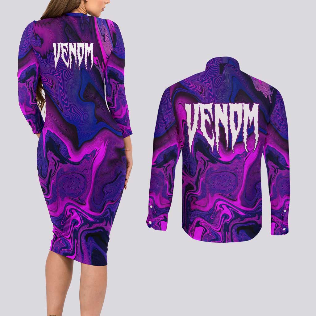 Trippy Venom Couples Matching Long Sleeve Bodycon Dress and Long Sleeve Button Shirt Comic Mix Galaxy Trippy Style