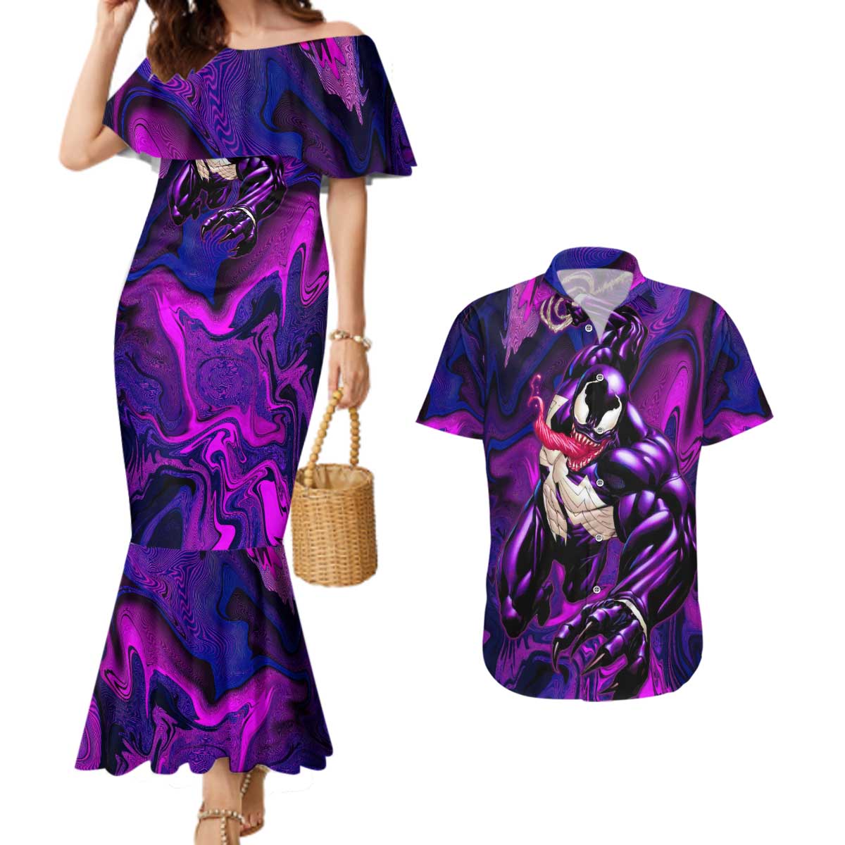 Trippy Venom Couples Matching Mermaid Dress and Hawaiian Shirt Comic Mix Galaxy Trippy Style