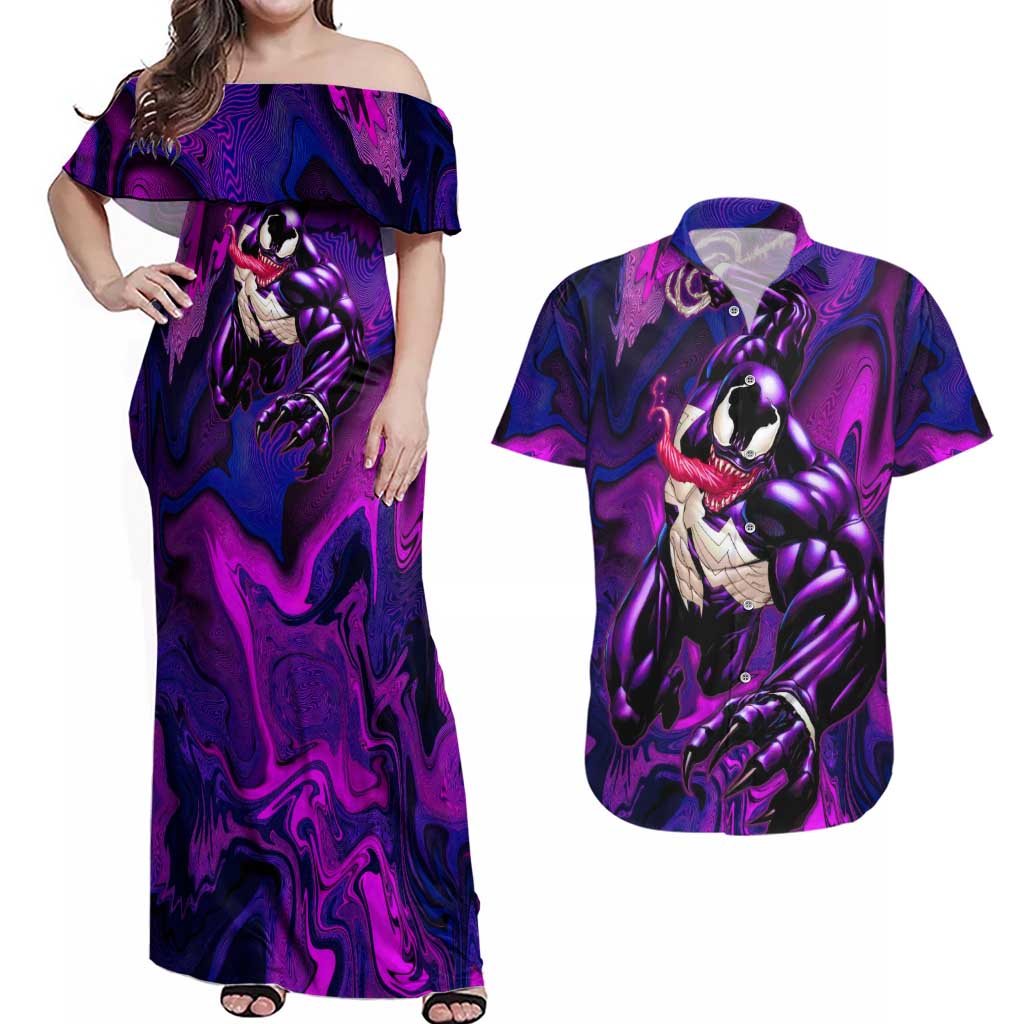 Trippy Venom Couples Matching Off Shoulder Maxi Dress and Hawaiian Shirt Comic Mix Galaxy Trippy Style