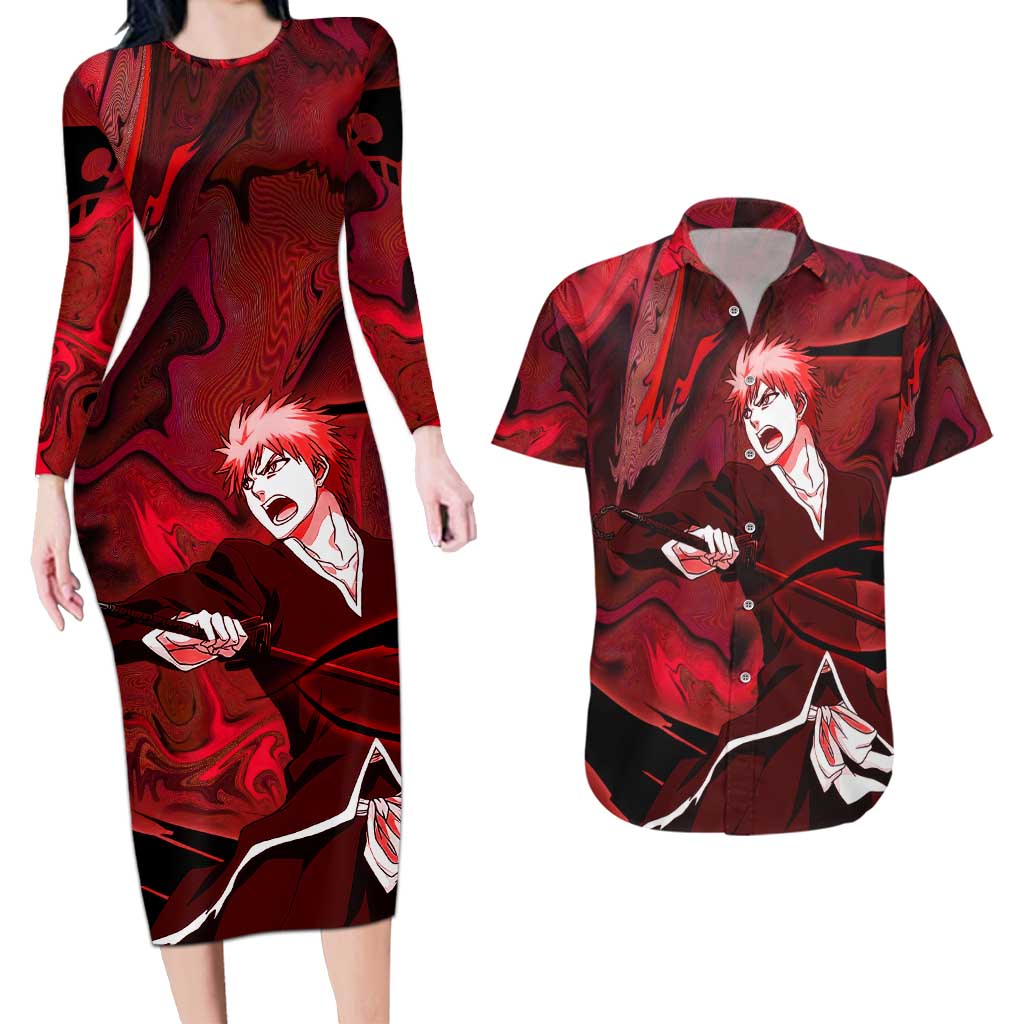Ichigo True Shikai Bleach Couples Matching Long Sleeve Bodycon Dress and Hawaiian Shirt Anime Mix Trippy Style