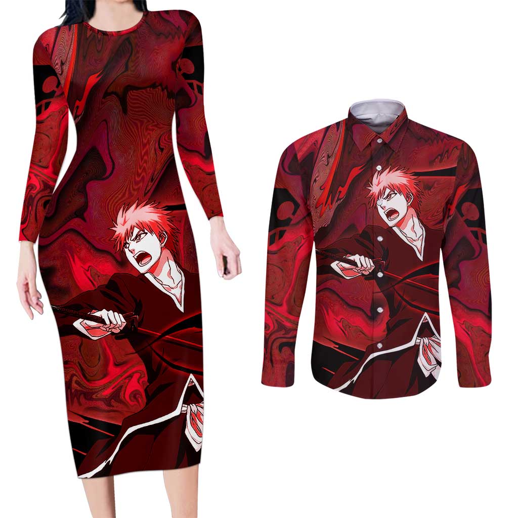 Ichigo True Shikai Bleach Couples Matching Long Sleeve Bodycon Dress and Long Sleeve Button Shirt Anime Mix Trippy Style