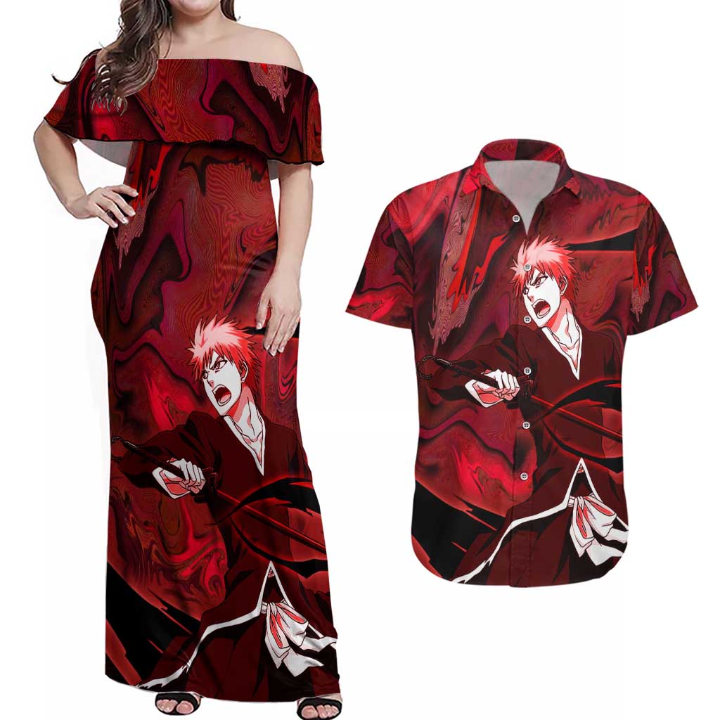 Ichigo True Shikai Bleach Couples Matching Off Shoulder Maxi Dress and Hawaiian Shirt Anime Mix Trippy Style