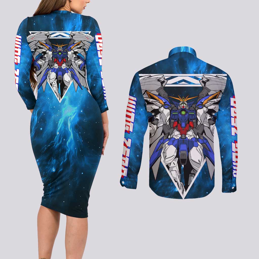 Wing Zero Gundam Couples Matching Long Sleeve Bodycon Dress and Long Sleeve Button Shirt Anime Style