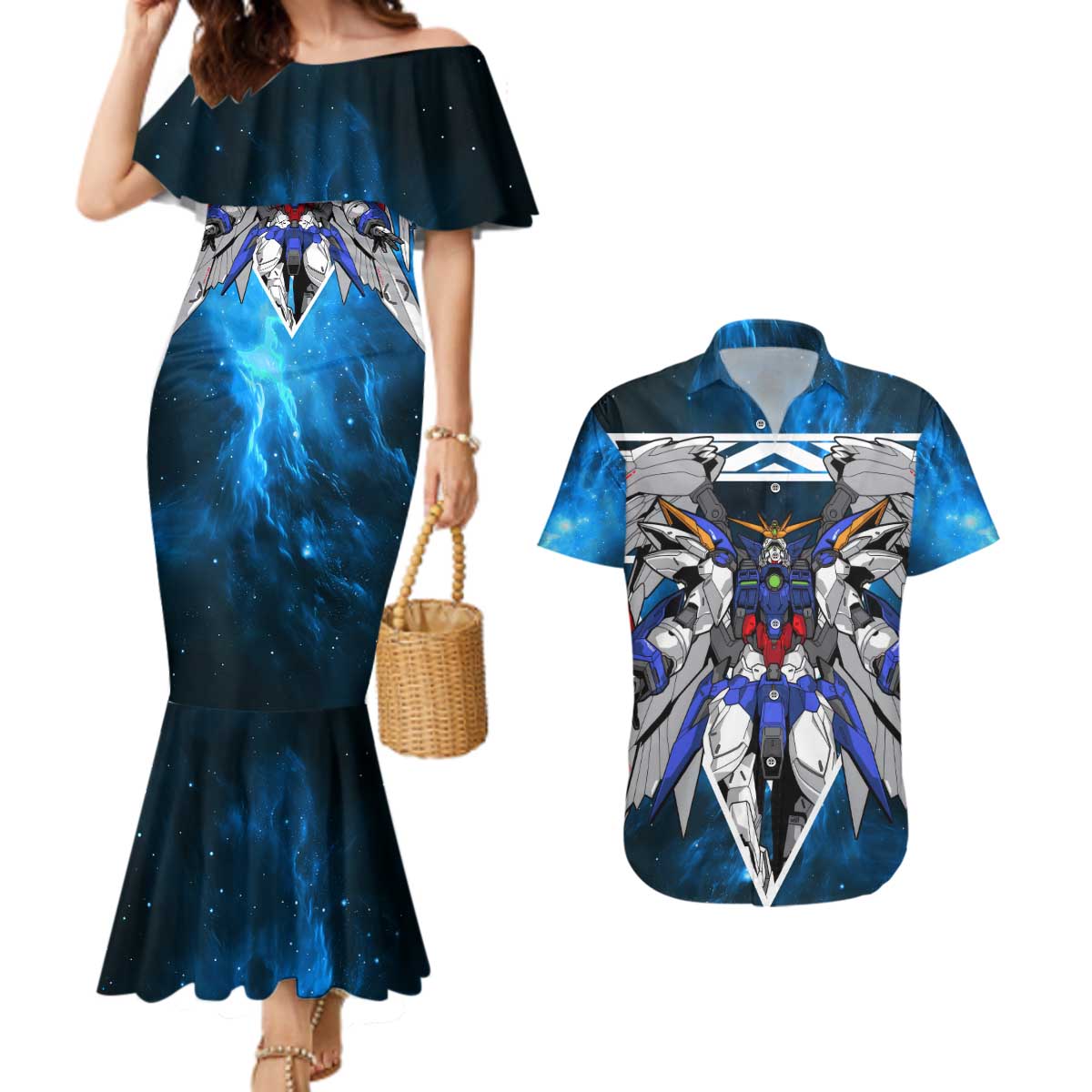 Wing Zero Gundam Couples Matching Mermaid Dress and Hawaiian Shirt Anime Style