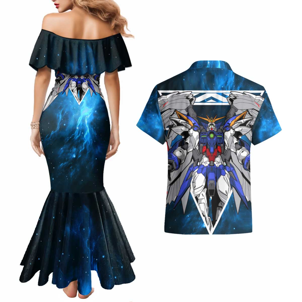 Wing Zero Gundam Couples Matching Mermaid Dress and Hawaiian Shirt Anime Style