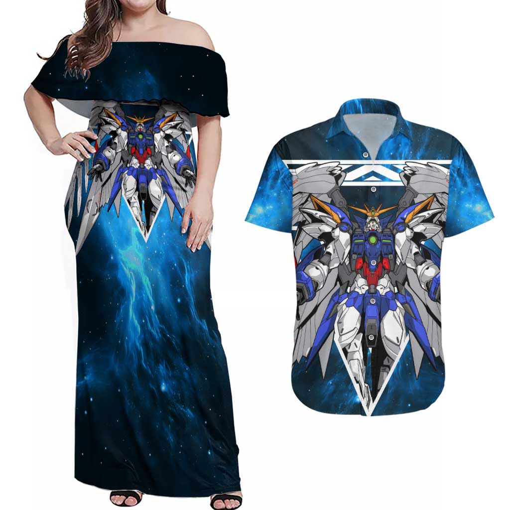 Wing Zero Gundam Couples Matching Off Shoulder Maxi Dress and Hawaiian Shirt Anime Style