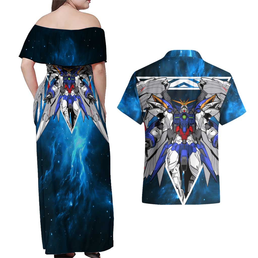Wing Zero Gundam Couples Matching Off Shoulder Maxi Dress and Hawaiian Shirt Anime Style
