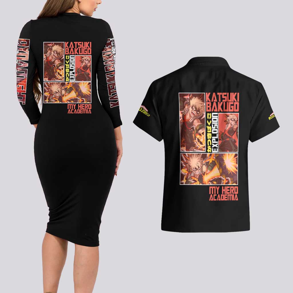 Katsuki Bakugo My Hero Academia Couples Matching Long Sleeve Bodycon Dress and Hawaiian Shirt Anime Style
