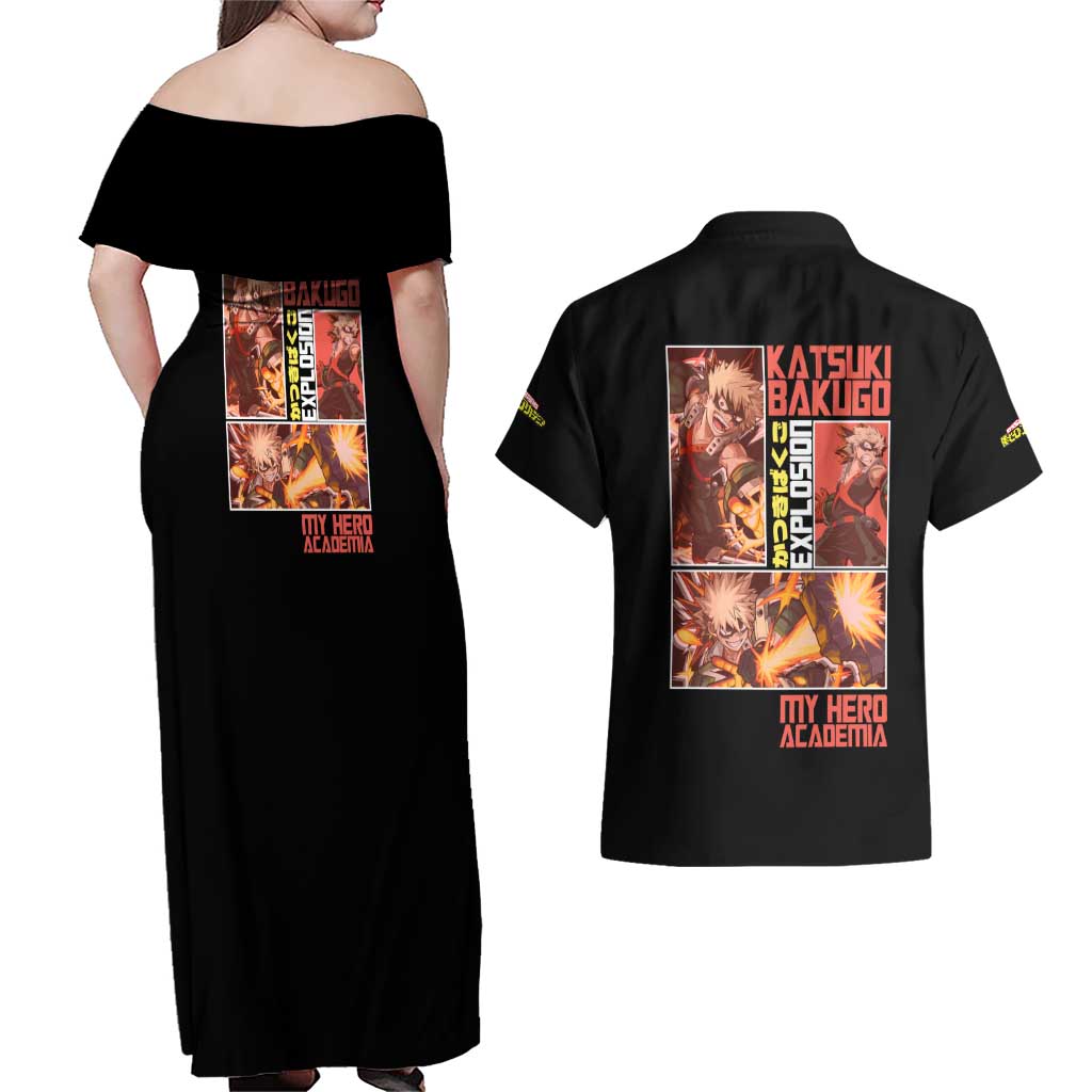 Katsuki Bakugo My Hero Academia Couples Matching Off Shoulder Maxi Dress and Hawaiian Shirt Anime Style