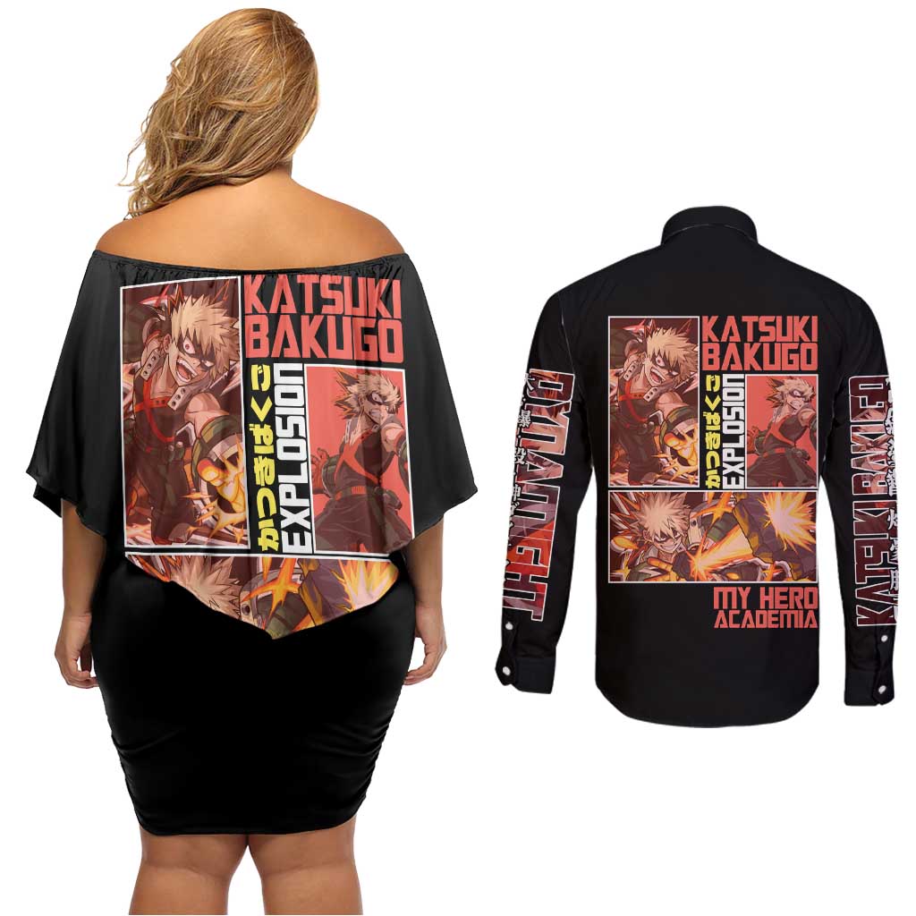 Katsuki Bakugo My Hero Academia Couples Matching Off Shoulder Short Dress and Long Sleeve Button Shirt Anime Style