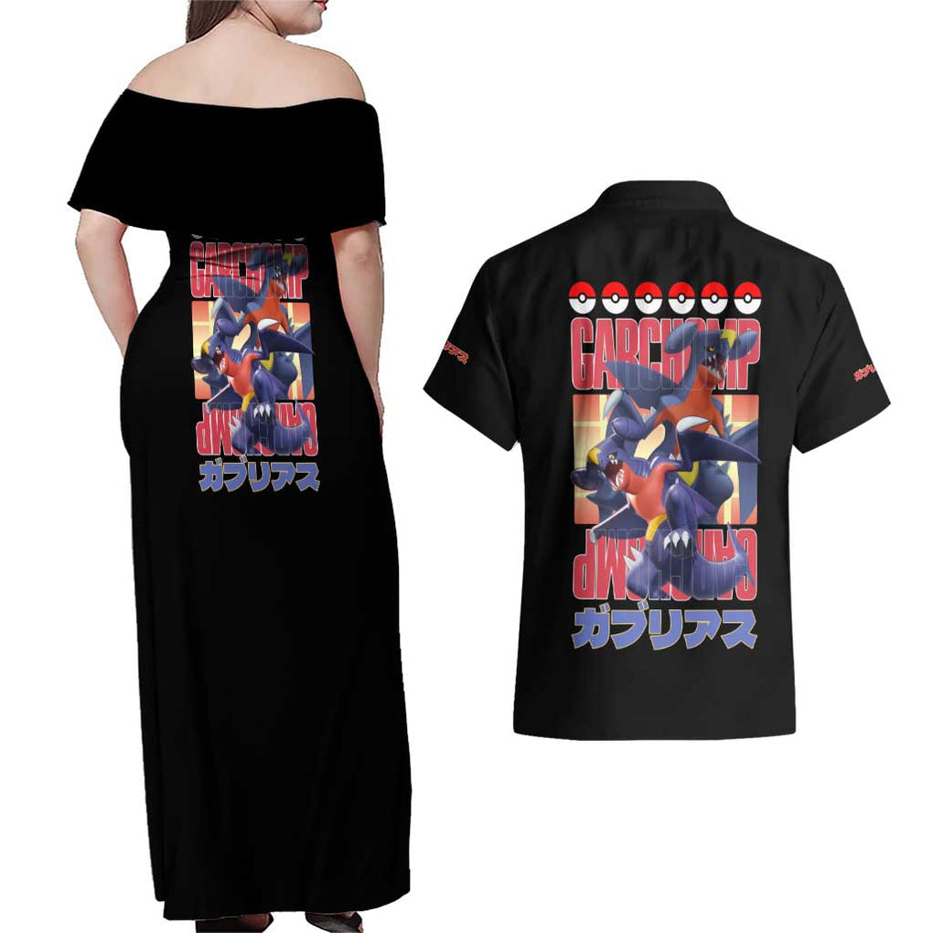 Garchomp Poke Couples Matching Off Shoulder Maxi Dress and Hawaiian Shirt Anime Style