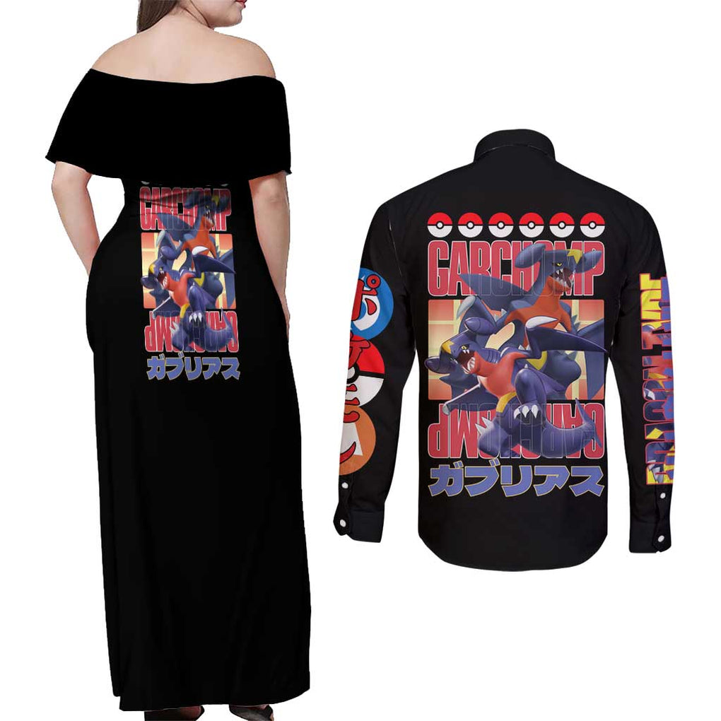 Garchomp Poke Couples Matching Off Shoulder Maxi Dress and Long Sleeve Button Shirt Anime Style