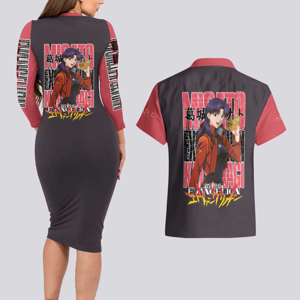 Misato Katsuragi Neon Genesis Evangelion Couples Matching Long Sleeve Bodycon Dress and Hawaiian Shirt Anime Style