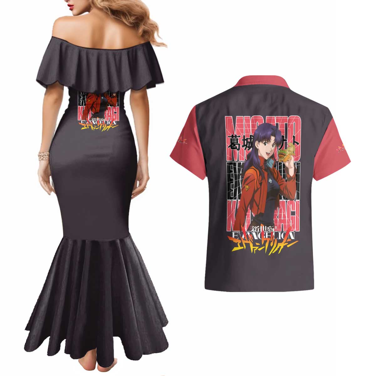 Misato Katsuragi Neon Genesis Evangelion Couples Matching Mermaid Dress and Hawaiian Shirt Anime Style