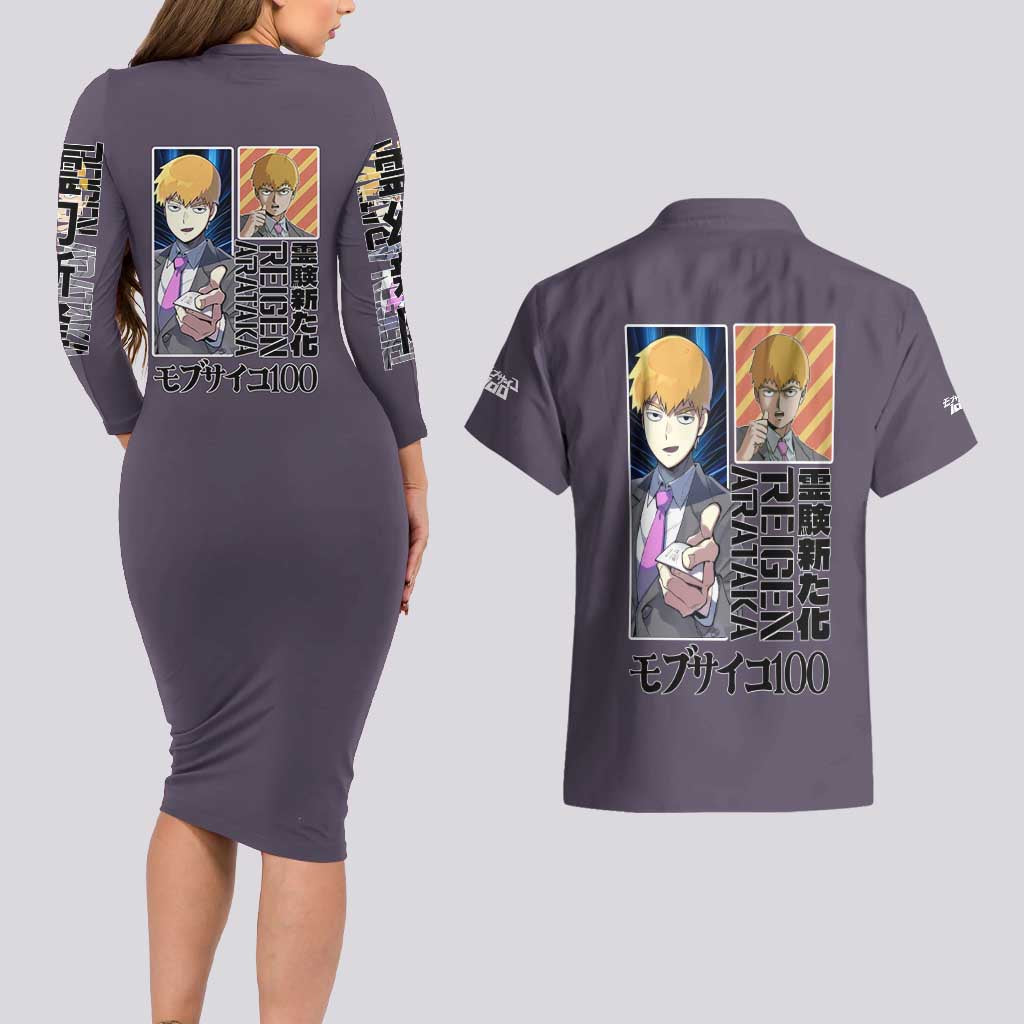 Reigen Arataka Mob Psycho 100 Couples Matching Long Sleeve Bodycon Dress and Hawaiian Shirt Anime Style