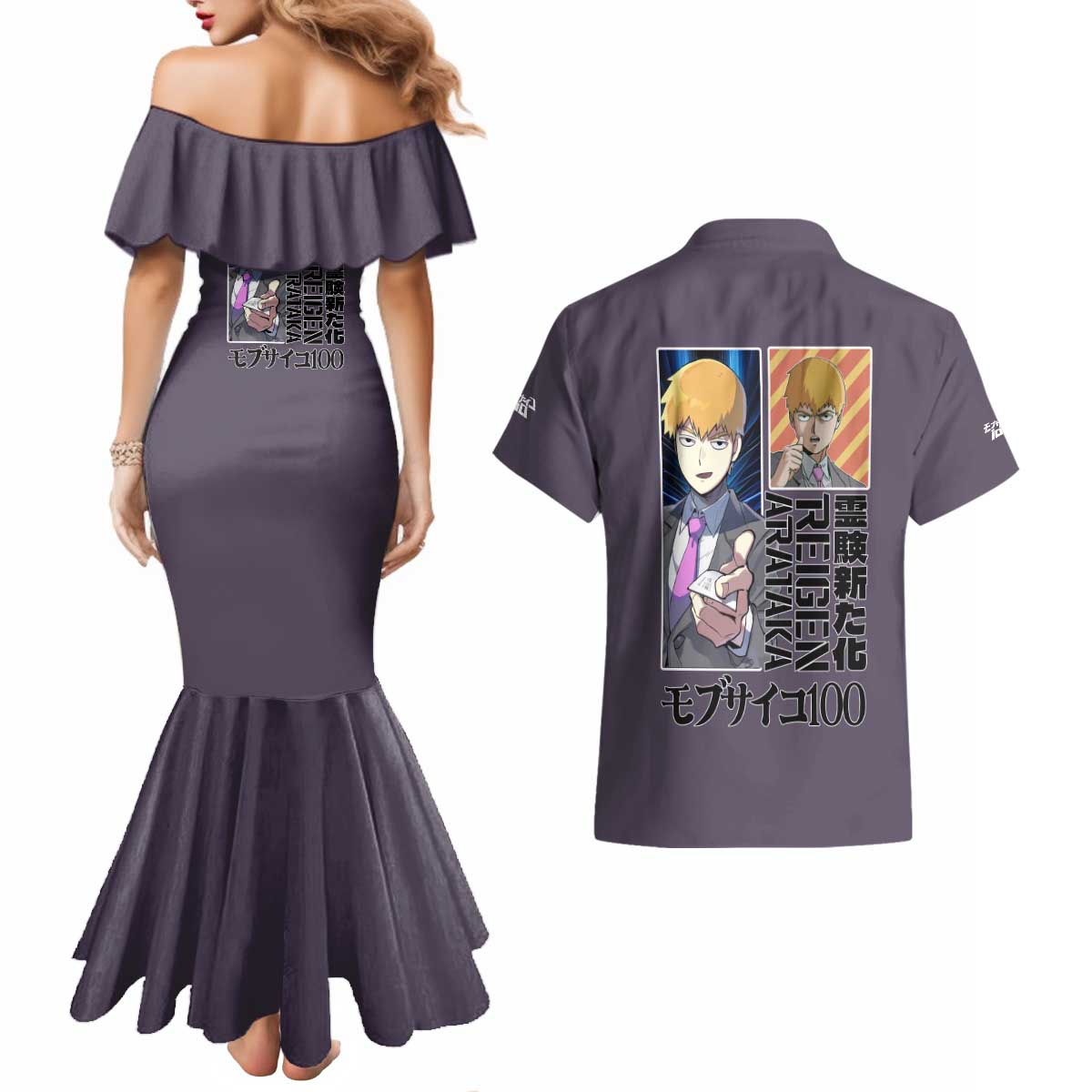 Reigen Arataka Mob Psycho 100 Couples Matching Mermaid Dress and Hawaiian Shirt Anime Style