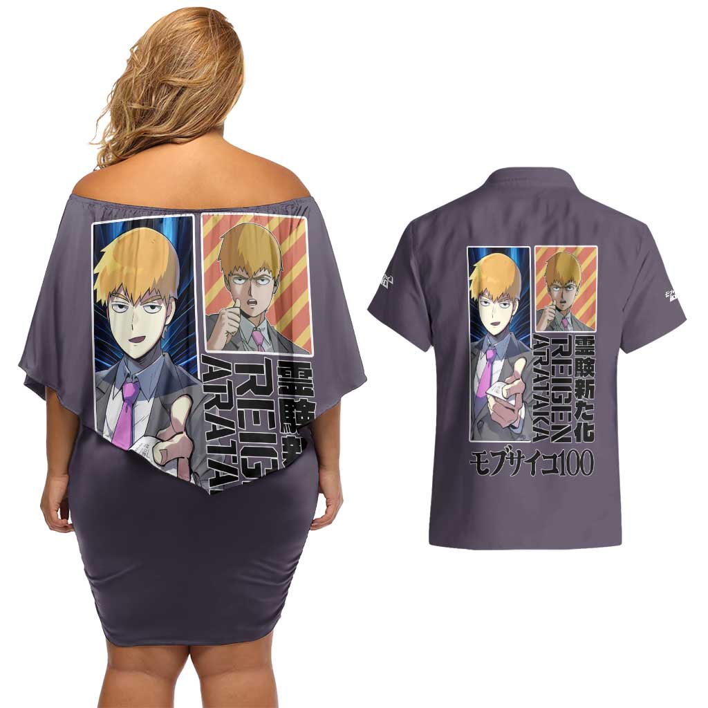 Reigen Arataka Mob Psycho 100 Couples Matching Off Shoulder Short Dress and Hawaiian Shirt Anime Style