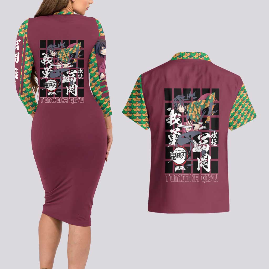 Tomioka Giyu Demon Slayer Couples Matching Long Sleeve Bodycon Dress and Hawaiian Shirt Anime Style