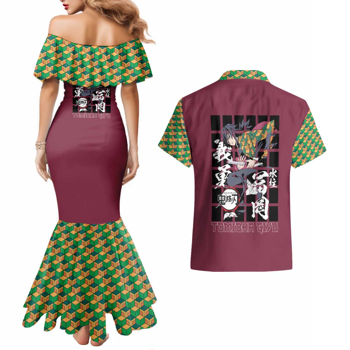 Tomioka Giyu Demon Slayer Couples Matching Mermaid Dress and Hawaiian Shirt Anime Style